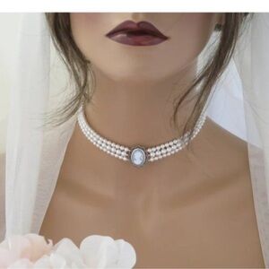 NEW BlingBaddaBoom Blue Cameo Earrings Pearl Choker Set Classic Bridal Regal